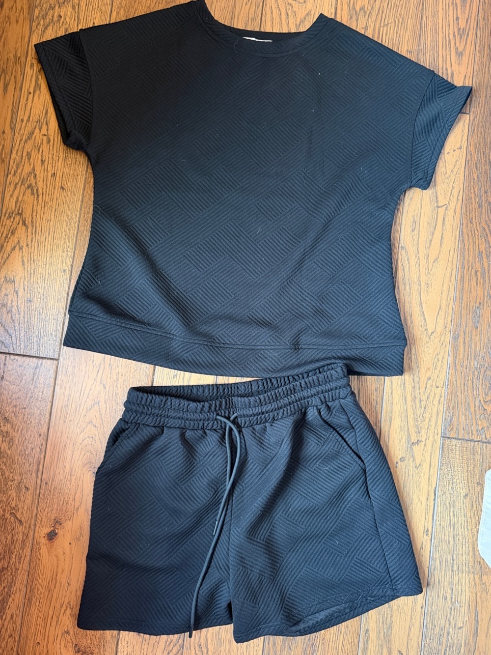 Women's Black Athletic Short Set - Textured Tee & Drawstring Shorts